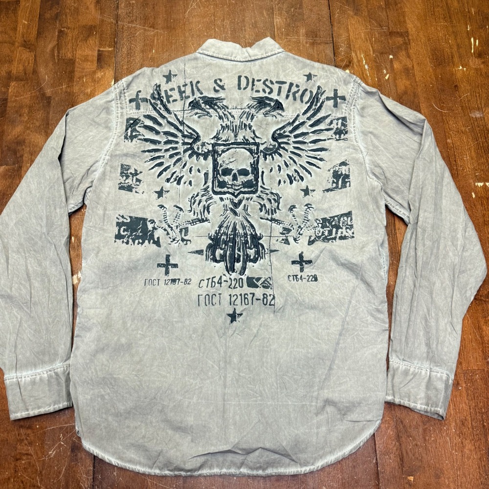 Affliction Button Down Shirt Mens XL Grey Seek & Destroy Graphic Long Sleeve